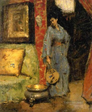ウィリアム・メリット・チェイス Painting - 扇子を持つ着物姿の女性 ウィリアム・メリット・チェイス